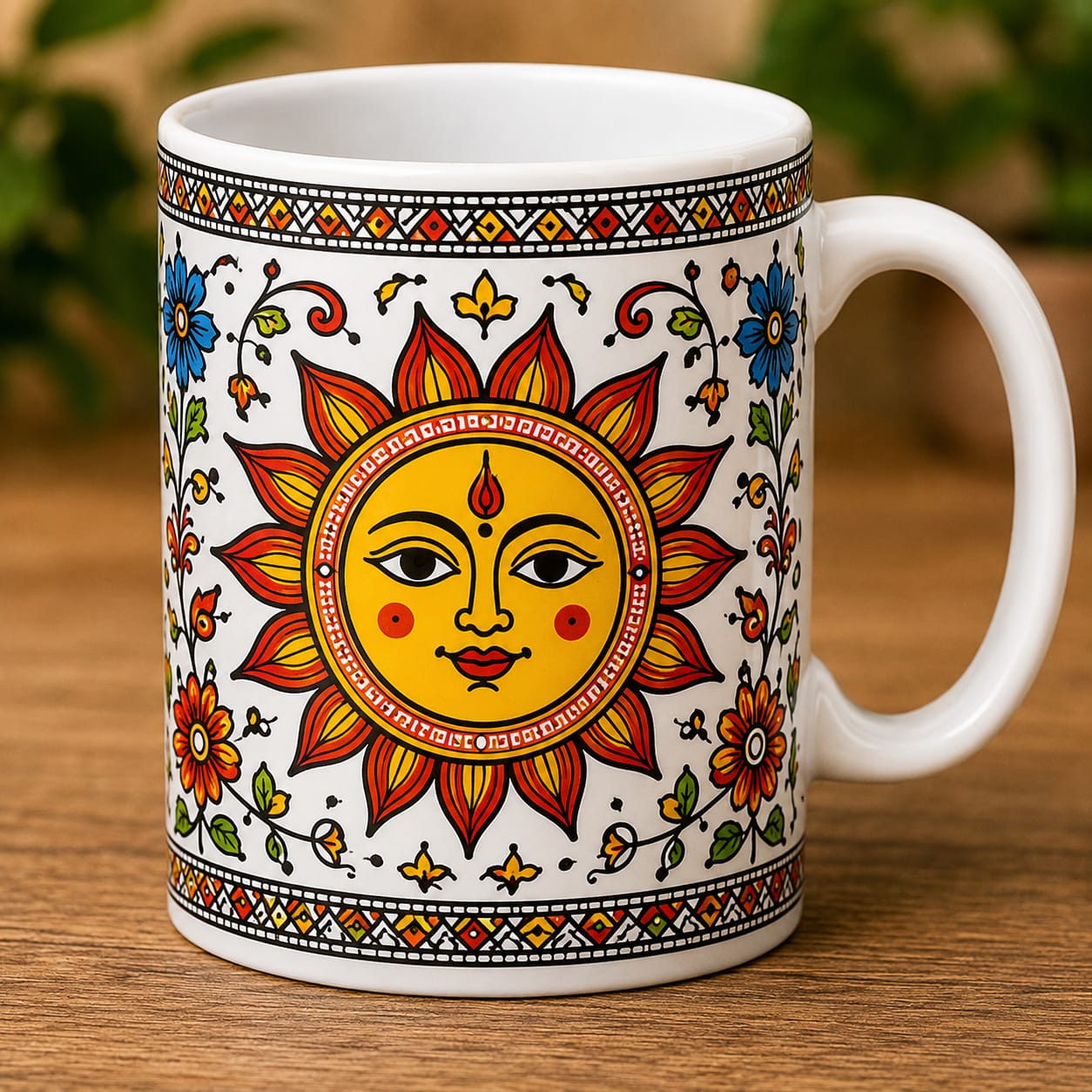 Mithila Art Sun Design Ceramic Coffee Mug | Premium Printed Tea Mug 330ml | CR Print Hub