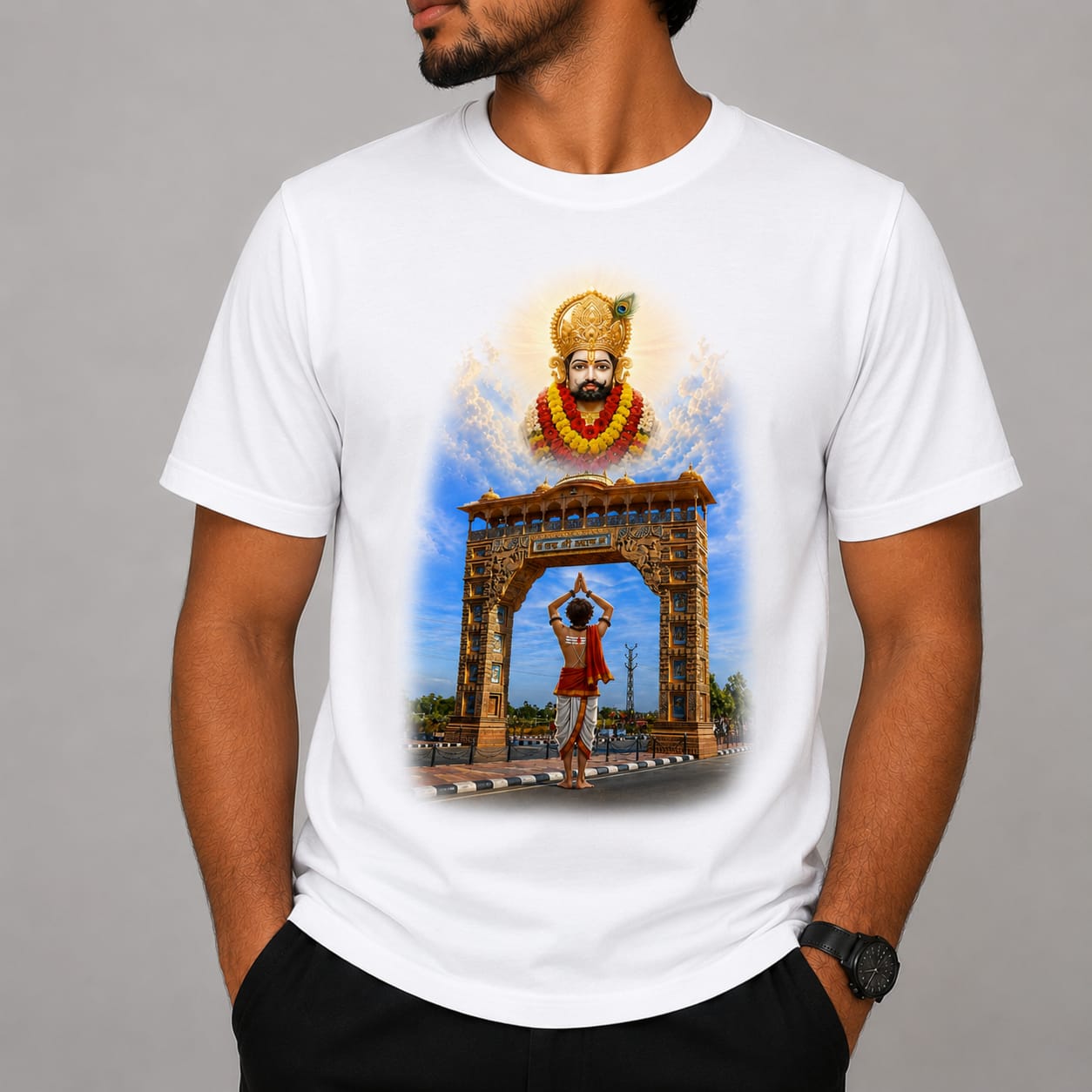 Khatu Shyam Ji Temple Gate Printed T-Shirt | Premium A4 Sublimation Print | Orange, White, Sky Blue & Green | Unisex Round Neck T-Shirt