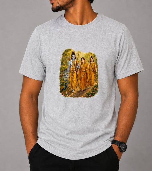 Ramayana Printed T-Shirt | Shri Ram Darbar Sublimation Printed Round Neck Half Sleeve T-Shirt for Men | Premium Religious Graphic Tee | Sky Blue, White, Grey & Orange
