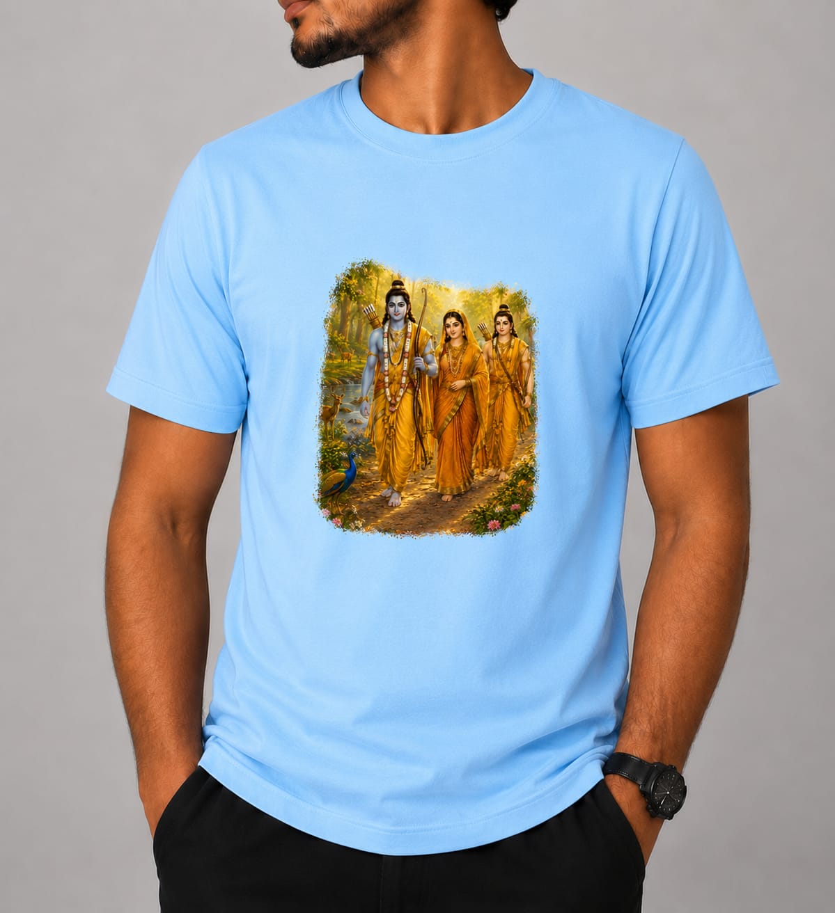 Ramayana Printed T-Shirt | Shri Ram Darbar Sublimation Printed Round Neck Half Sleeve T-Shirt for Men | Premium Religious Graphic Tee | Sky Blue, White, Grey & Orange