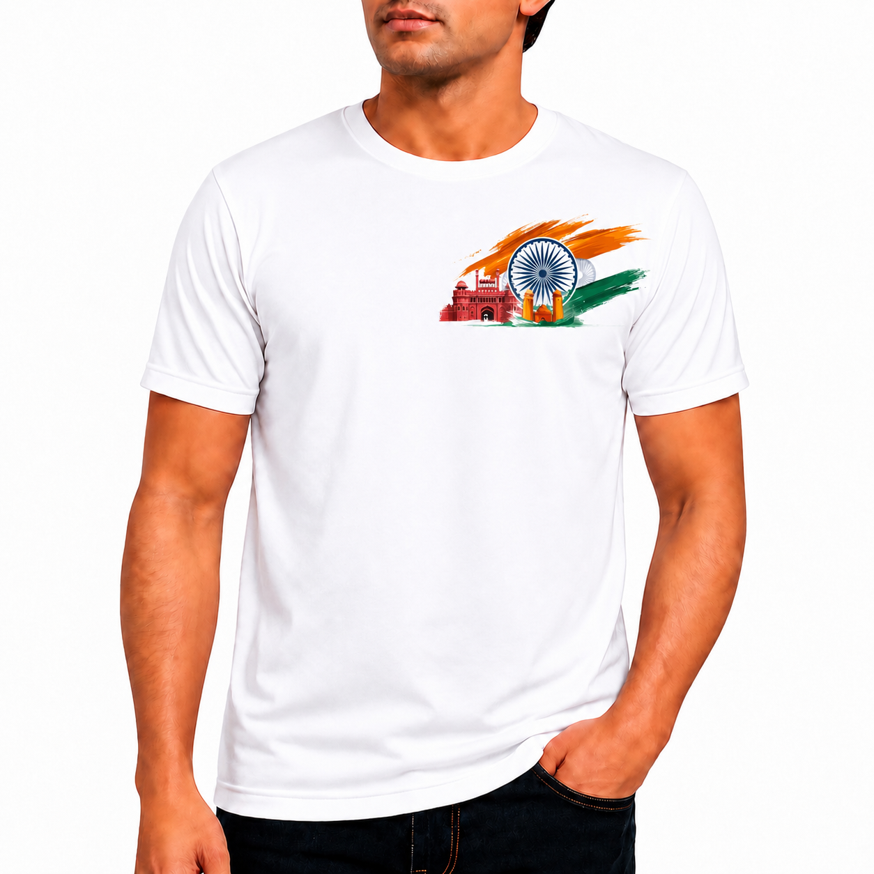 Happy Independence Day Printed White T-Shirt | 15th August Tricolor Ashoka Chakra Design |