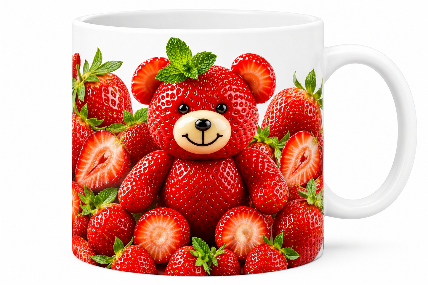 Strawberry Teddy Bear Design Printed White Ceramic Coffee Mug | Cute Fruit Art Mug | Premium Sublimation Tea & Coffee Mug | 325 ml