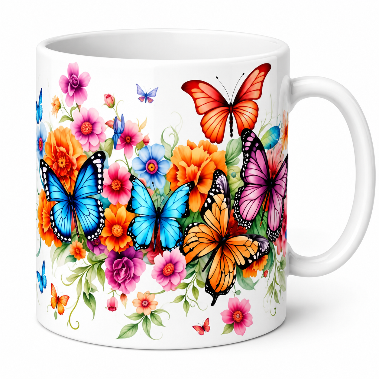 Colorful Butterfly & Floral Design Printed White Ceramic Coffee Mug | Premium Sublimation Tea & Coffee Mug | Nature Art Gift | 325 ml