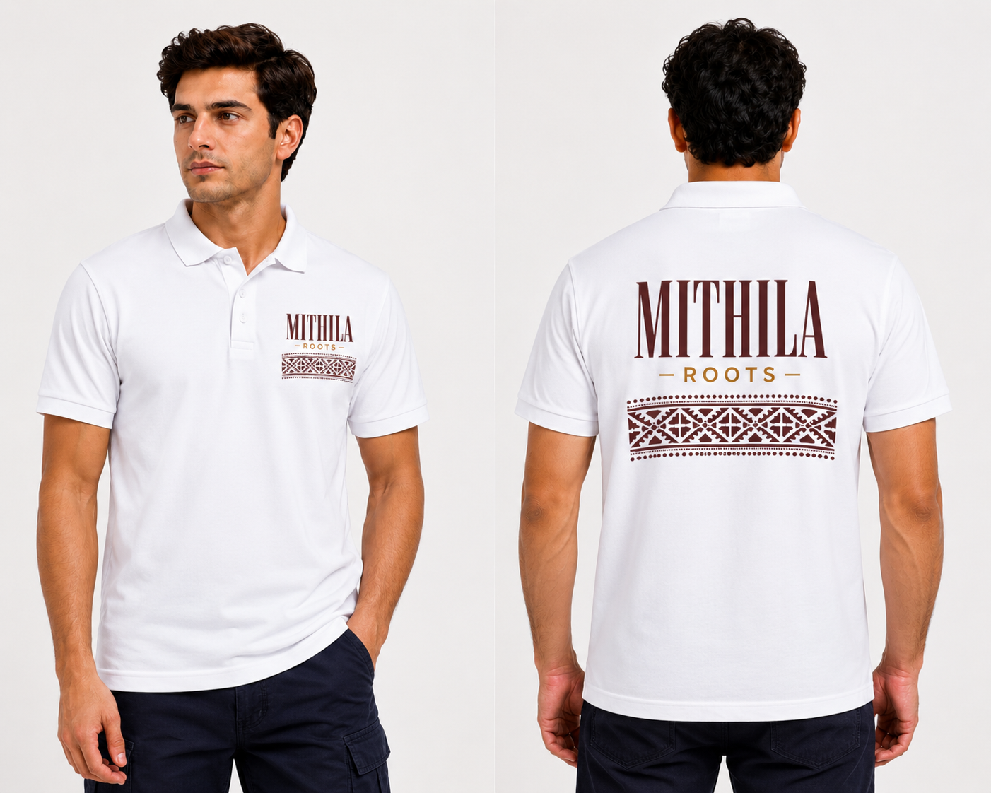 Mithila Roots Printed White Polo T-Shirt for Men | Premium Cotton Polo | Front & Back Print | Ethnic Mithila Design
