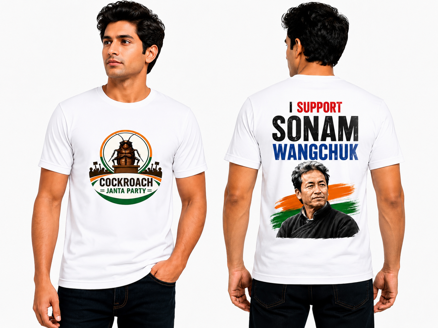 Support Sonam Wangchuk Front & Back Printed White T-Shirt | Cockroach Janta Party Graphic |