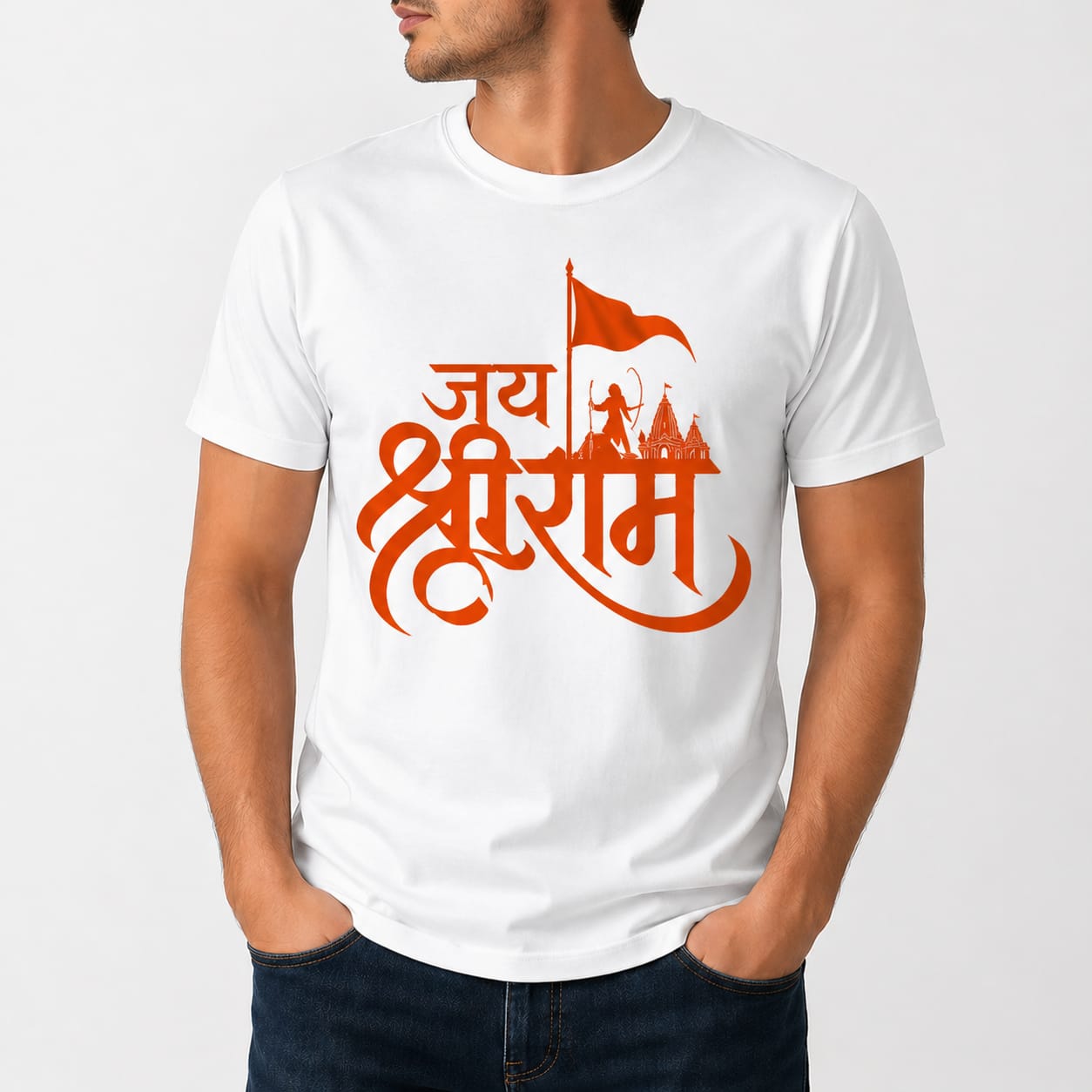 Jai Shree Ram Printed T-Shirt | Polyester Fabric | HD Print | Lightweight & Quick Dry | Sky Blue, White, Grey | CR Print Hub