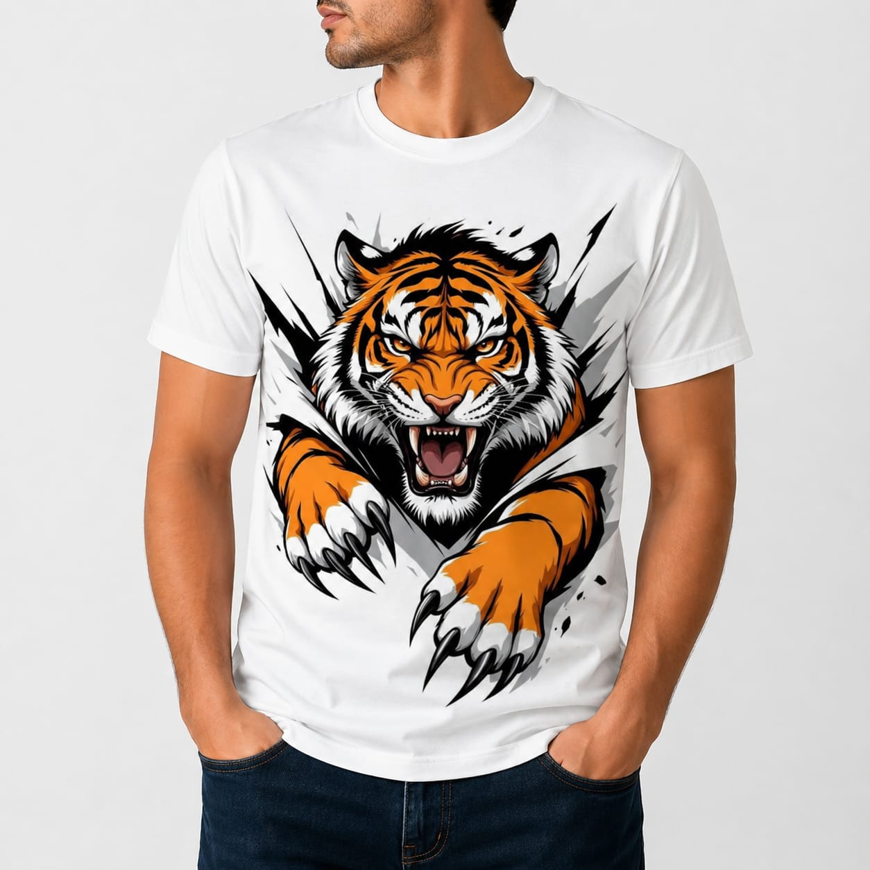 Premium Fierce Tiger Graphic White T-Shirt (Front Printed, Back Plai