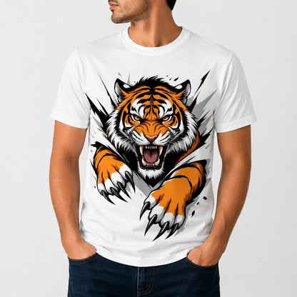 Premium Fierce Tiger Graphic White T-Shirt (Front Printed, Back Plai
