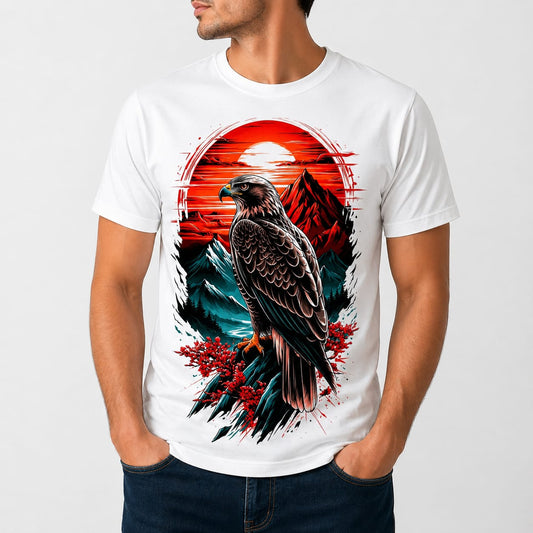 Premium Eagle Sunset Graphic White T-Shirt (Front Printed, Back Plain)