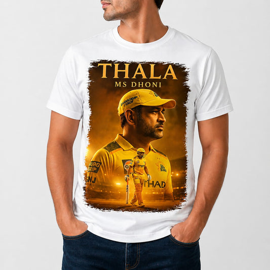 Premium Thala MS Dhoni Graphic White T-Shirt (Front Printed, Back Plain)