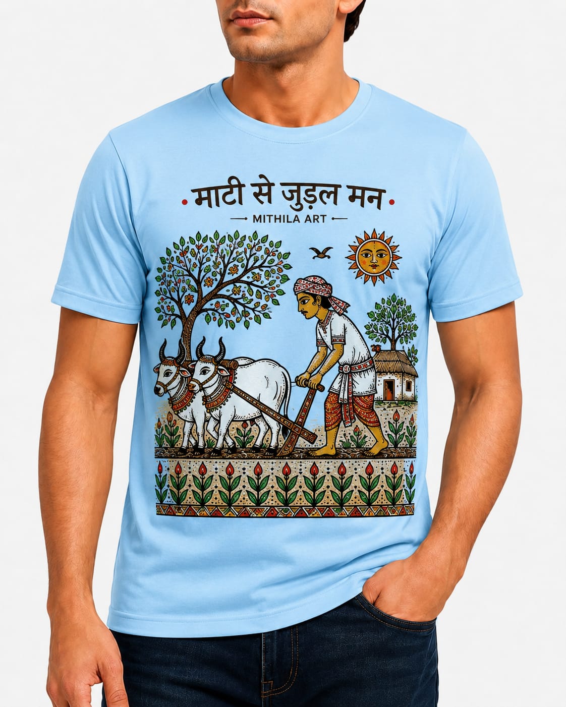 Mati Se Judal Mann – Mithila Farmer Art Premium Sky Blue T-Shirt | Cultural Heritage Edition