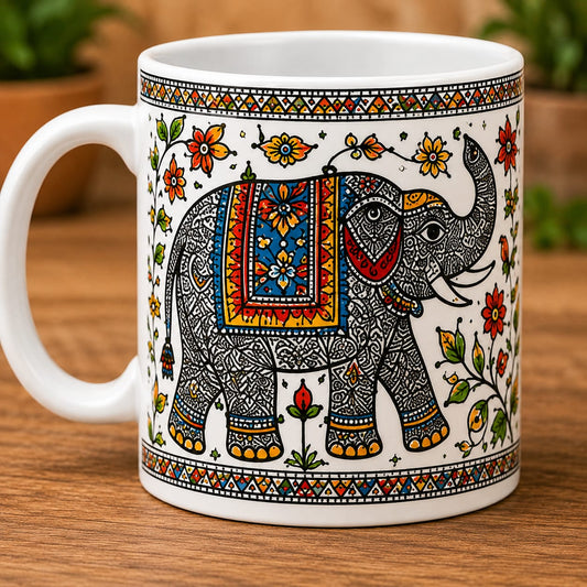 CR Print Hub Mithila Art  Elaphant Printed Ceramic Coffee Mug | Premium Custom Gift Mug | 330ml