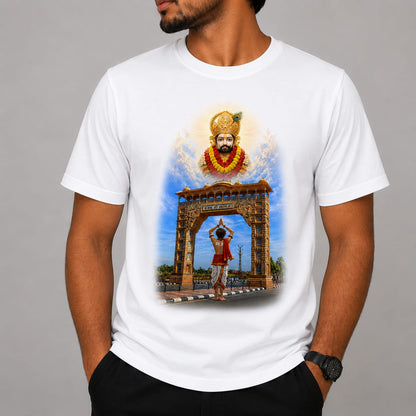 Khatu Shyam Ji Temple Gate Printed T-Shirt | Premium A4 Sublimation Print | Orange, White, Sky Blue & Green | Unisex Round Neck T-Shirt