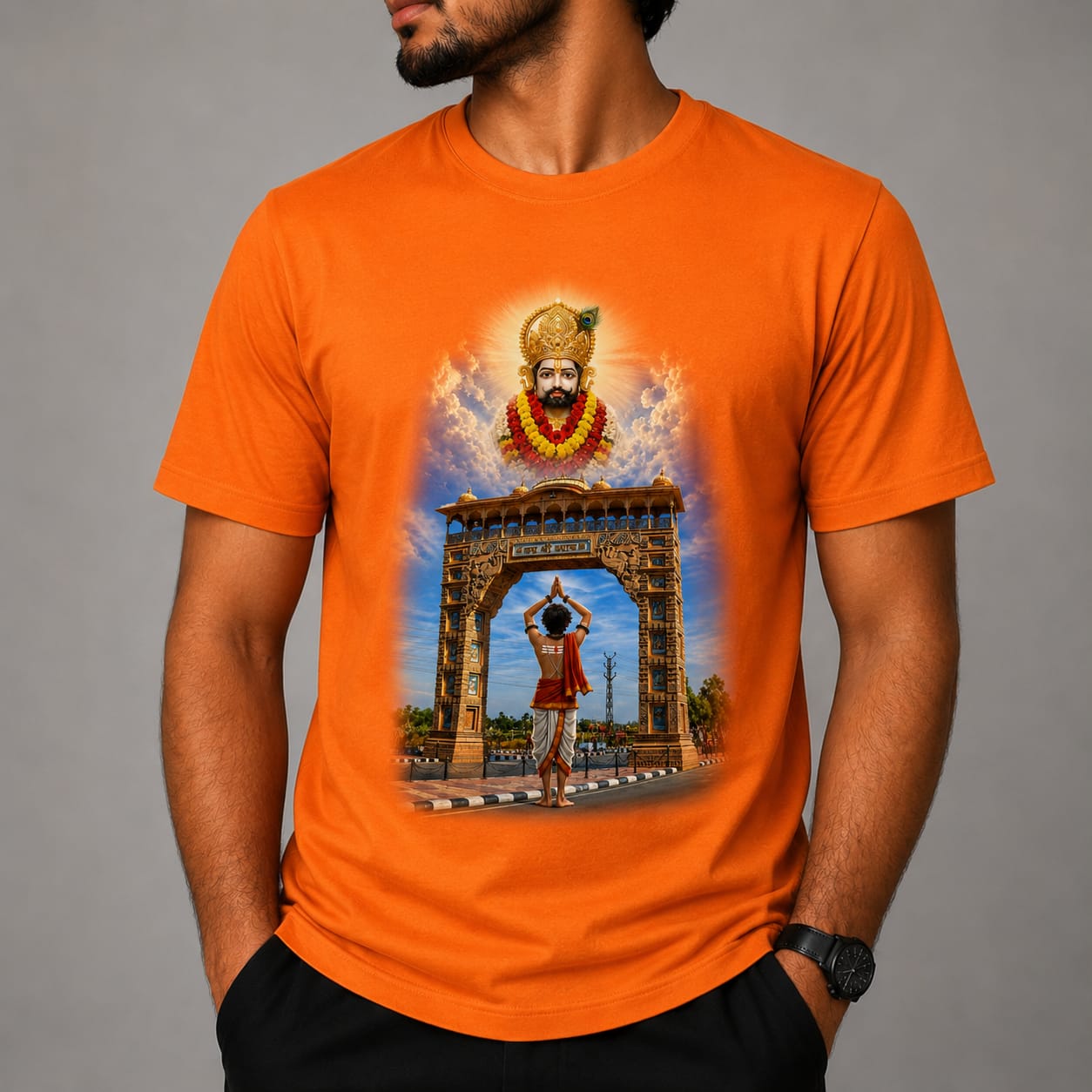 Khatu Shyam Ji Temple Gate Printed T-Shirt | Premium A4 Sublimation Print | Orange, White, Sky Blue & Green | Unisex Round Neck T-Shirt