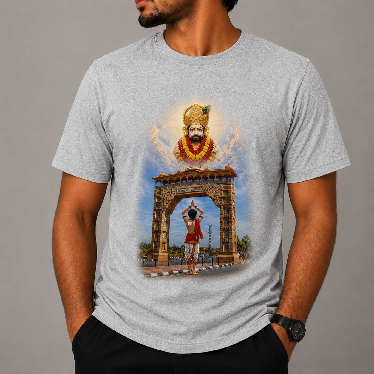 Khatu Shyam Ji Temple Gate Printed T-Shirt | Premium A4 Sublimation Print | Orange, White, Sky Blue & Green | Unisex Round Neck T-Shirt