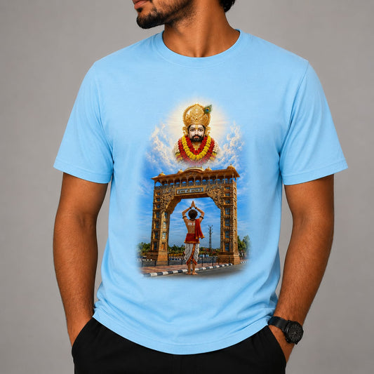 Khatu Shyam Ji Temple Gate Printed T-Shirt | Premium A4 Sublimation Print | Orange, White, Sky Blue & Green | Unisex Round Neck T-Shirt