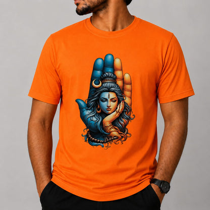 Shiv Shakti Hand Design Printed T-Shirt | Mahadev Theme | Premium A4 Sublimation Print | Orange, White, Sky Blue & Grey | Unisex Round Neck T-Shirt