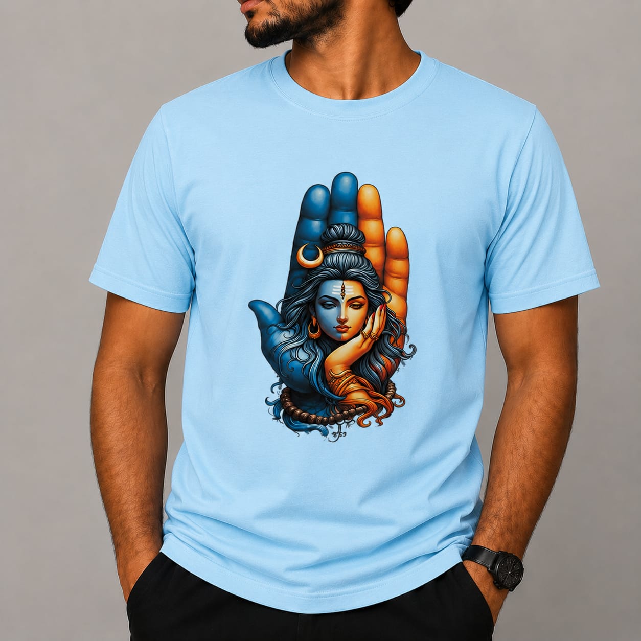 Shiv Shakti Hand Design Printed T-Shirt | Mahadev Theme | Premium A4 Sublimation Print | Orange, White, Sky Blue & Grey | Unisex Round Neck T-Shirt