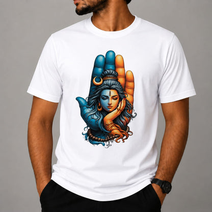 Shiv Shakti Hand Design Printed T-Shirt | Mahadev Theme | Premium A4 Sublimation Print | Orange, White, Sky Blue & Grey | Unisex Round Neck T-Shirt
