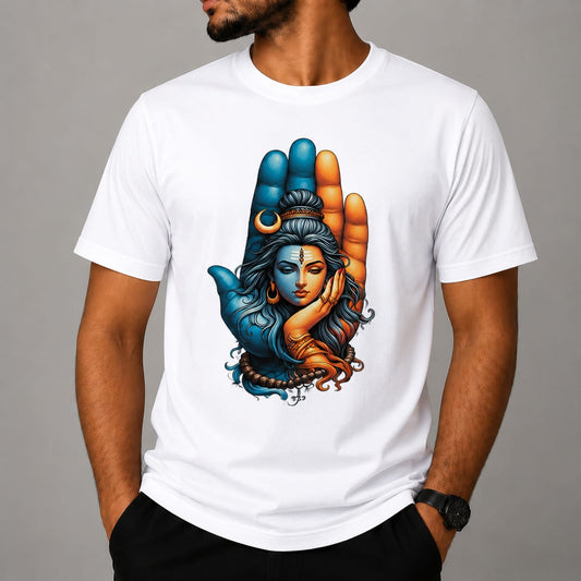 Shiv Shakti Hand Design Printed T-Shirt | Mahadev Theme | Premium A4 Sublimation Print | Orange, White, Sky Blue & Grey | Unisex Round Neck T-Shirt
