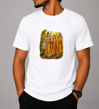 Ramayana Printed T-Shirt | Shri Ram Darbar Sublimation Printed Round Neck Half Sleeve T-Shirt for Men | Premium Religious Graphic Tee | Sky Blue, White, Grey & Orange