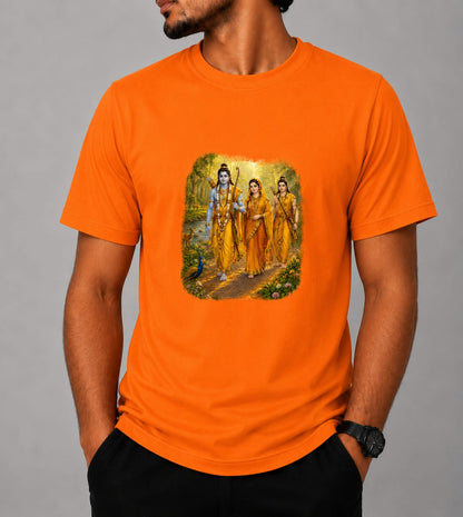 Ramayana Printed T-Shirt | Shri Ram Darbar Sublimation Printed Round Neck Half Sleeve T-Shirt for Men | Premium Religious Graphic Tee | Sky Blue, White, Grey & Orange