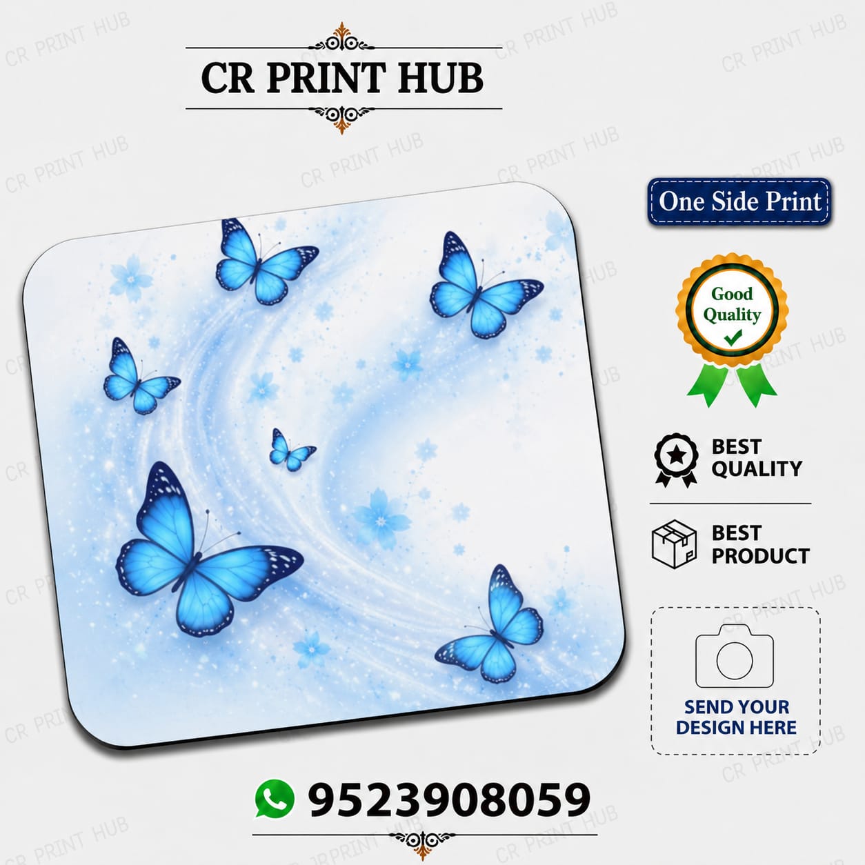 Blue Butterfly Printed Mouse Pad | Premium One Side Print Mouse Pad | CR Print Hub