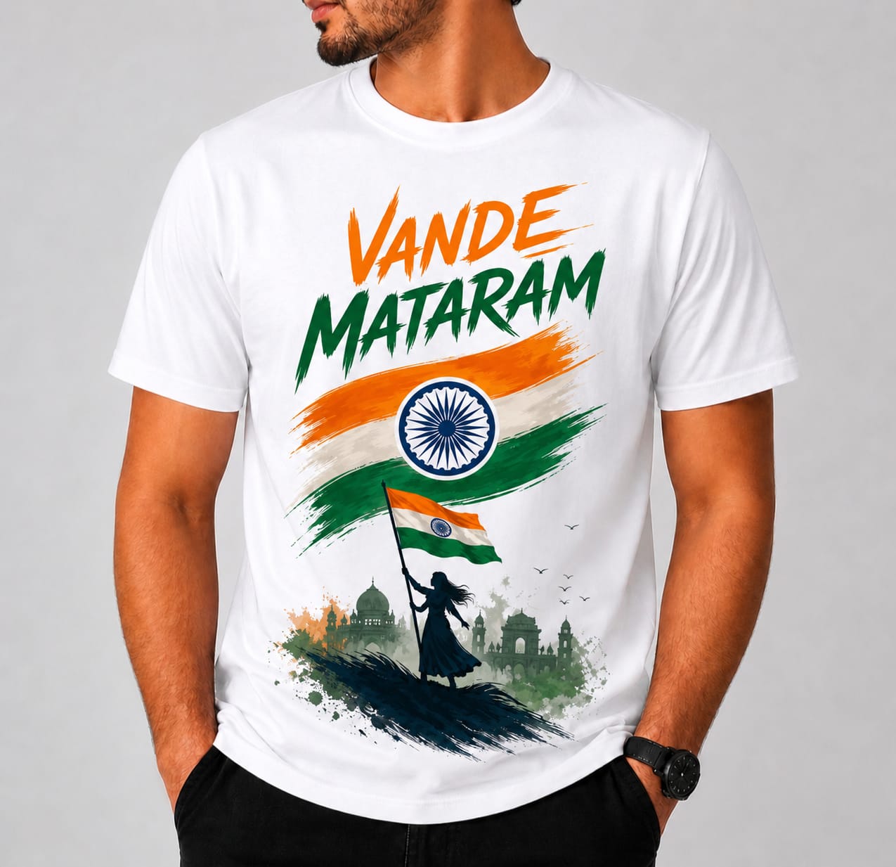 Vande Mataram Printed T-Shirt | Patriotic Design | Cotton Round Neck Tee for Men | Independence Special