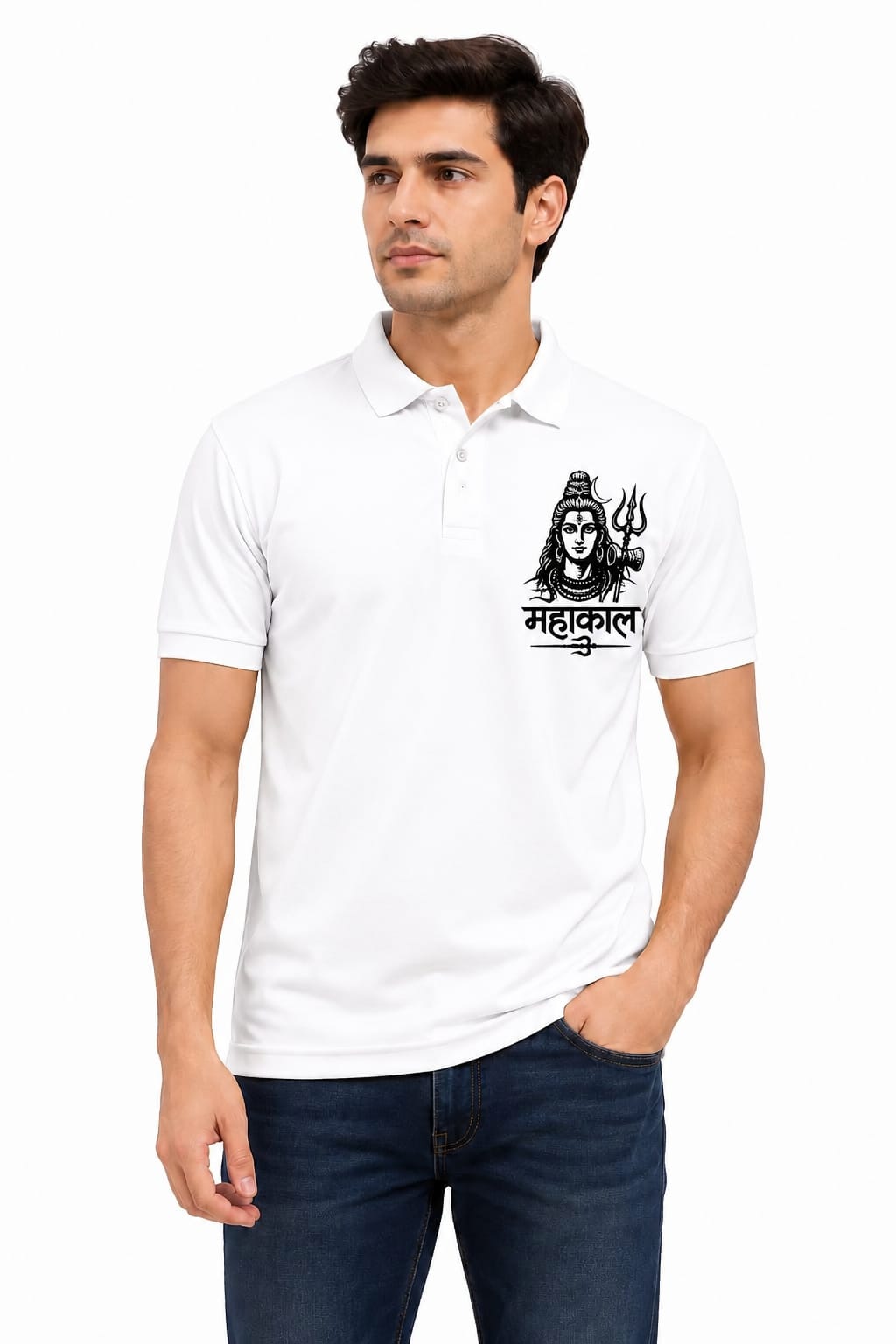 Mahakal Printed White Polo T-Shirt for Men | Stylish Shiva Design Cotton Polo Tee