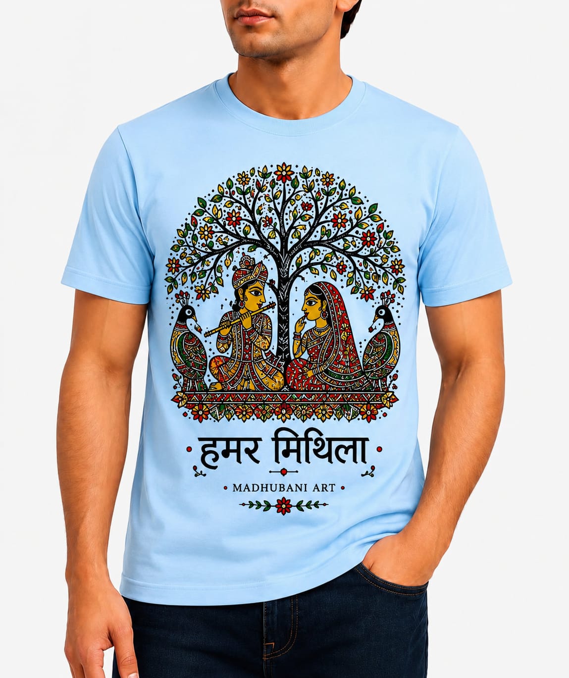 Hamar Mithila Madhubani Art Multi colour T-Shirt| Traditional Mithila Folk Art Graphic Tee for Men