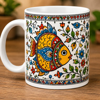 CR Print Hub Mithila Art Machli Printed Ceramic Coffee Mug | Premium Custom Gift Mug | 330ml
