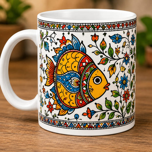 CR Print Hub Mithila Art Machli Printed Ceramic Coffee Mug | Premium Custom Gift Mug | 330ml