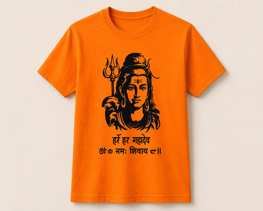 Har Har Mahadev Premium Printed T-Shirt | White, Orange, Sky Blue & Grey | Sawan Special Collection | CR Print Hub
