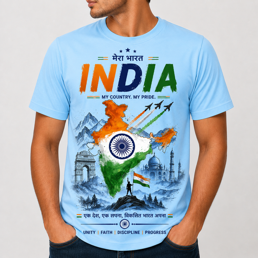 India Pride Printed T-Shirt | Deshbhakti Design | Premium Cotton Unisex Tee | White & Sky Blue, Gray