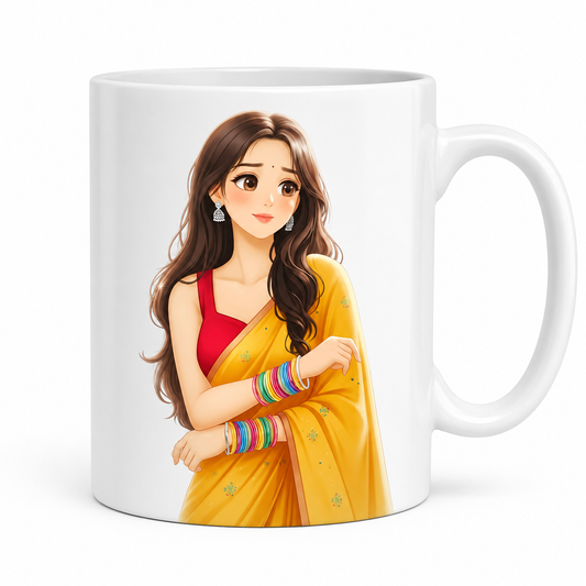 Cute Girl in Yellow Saree Printed Ceramic Coffee Mug | Premium Sublimation Printed Mug | Gift for Her