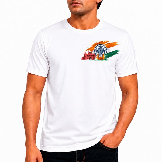 Happy Independence Day Printed White T-Shirt | 15th August Tricolor Ashoka Chakra Design |