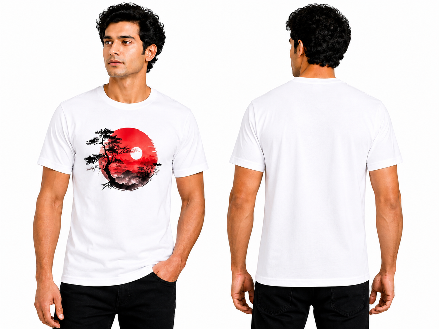 Red Sun Nature Graphic Printed White T-Shirt |