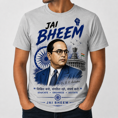 Jai Bheem Printed T-Shirt | Dr. B R Ambedkar Design | Premium Quality Cotton | Unisex (White, Grey, Sky Blue)