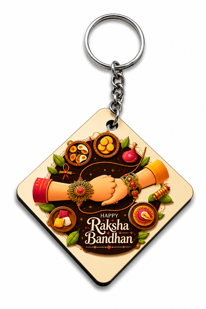 Happy Raksha Bandhan Printed MDF Keychain | Rakhi Special Gift | One Side Printed Key Ring