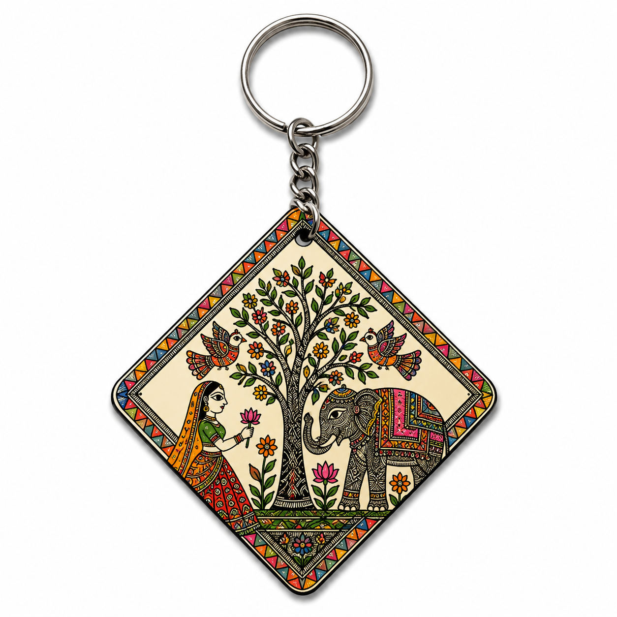 Mithila Art Printed MDF Keychain | Traditional Madhubani Design