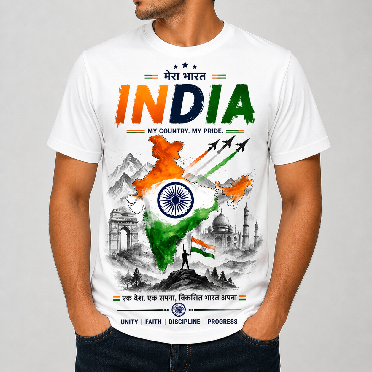 India Pride Printed T-Shirt | Deshbhakti Design | Premium Cotton Unisex Tee | White & Sky Blue, Gray