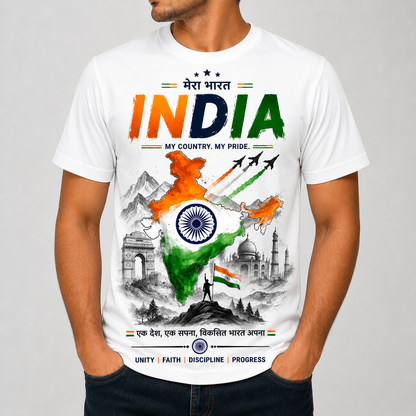 India Pride Printed T-Shirt | Deshbhakti Design | Premium Cotton Unisex Tee | White & Sky Blue, Gray