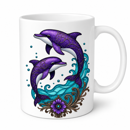 Purple Dolphin Printed Ceramic Coffee Mug | Ocean Theme Designer Mug | Premium White Coffee & Tea Mug (325 ml)
