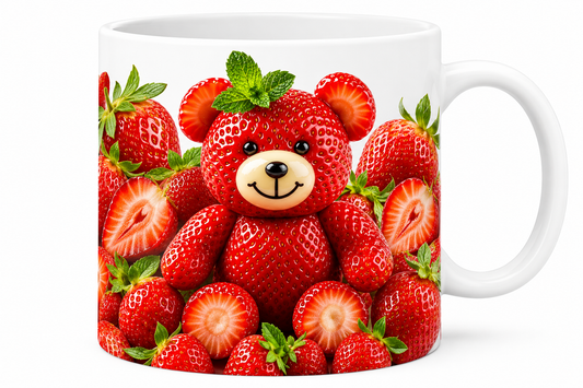 Strawberry Teddy Bear Design Printed White Ceramic Coffee Mug | Cute Fruit Art Mug | Premium Sublimation Tea & Coffee Mug | 325 ml