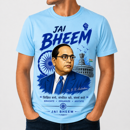 Jai Bheem Printed T-Shirt | Dr. B R Ambedkar Design | Premium Quality Cotton | Unisex (White, Grey, Sky Blue)