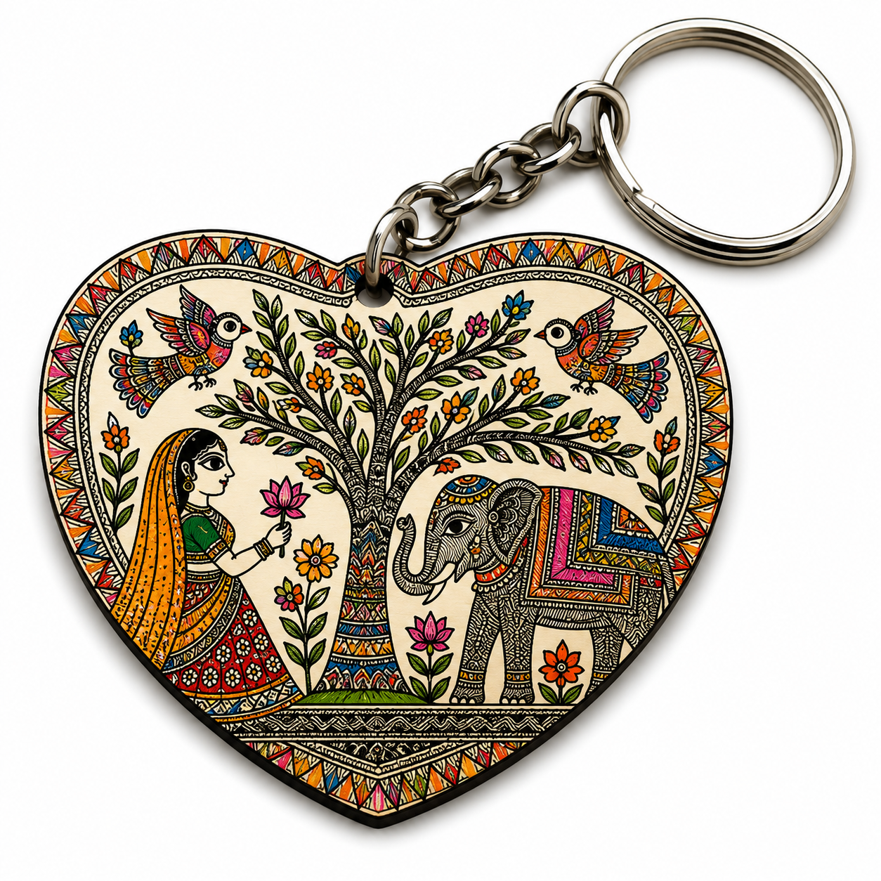 Mithila Art Printed MDF Keychain | Traditional Madhubani Design