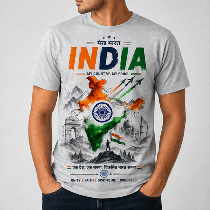 India Pride Printed T-Shirt | Deshbhakti Design | Premium Cotton Unisex Tee | White & Sky Blue, Gray