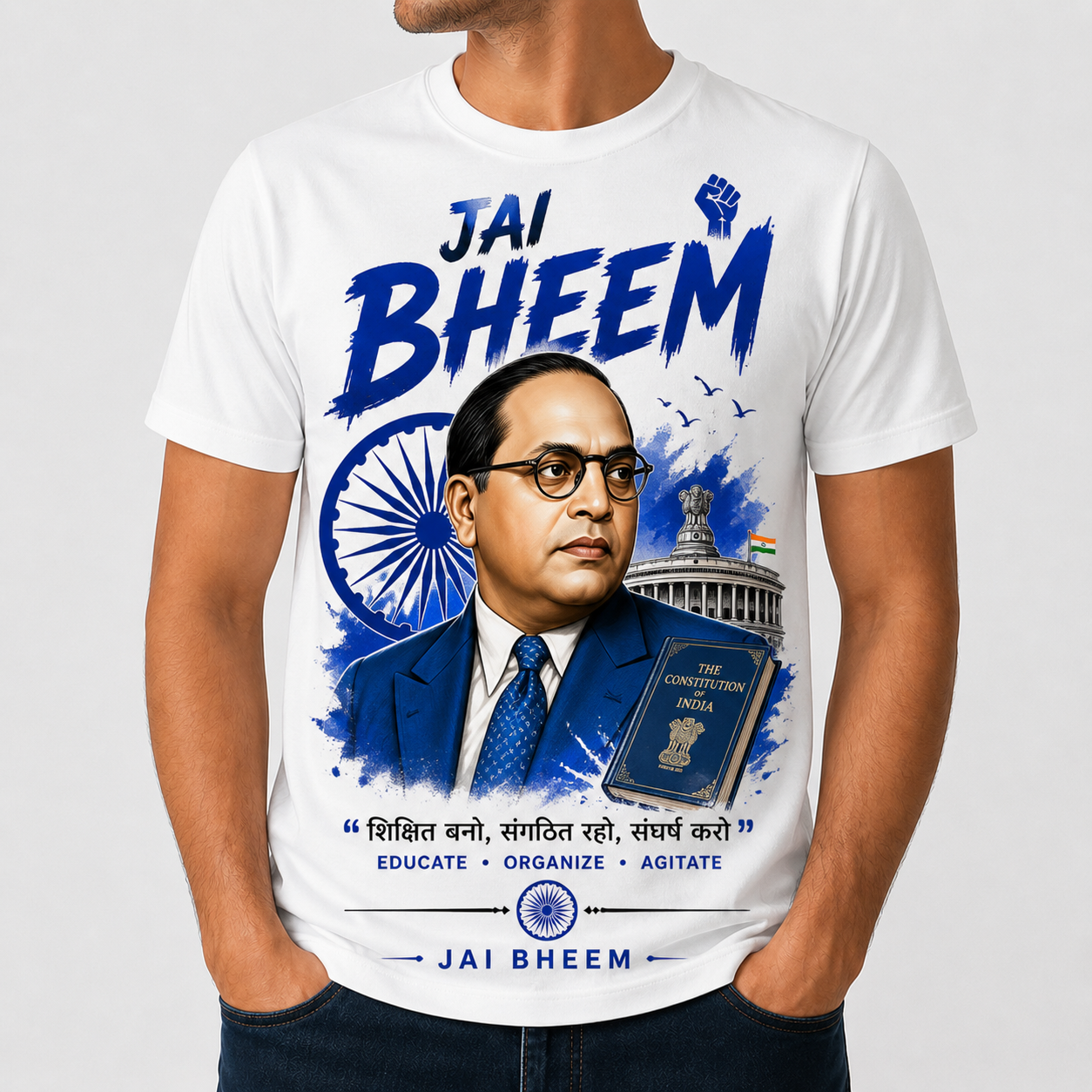 Jai Bheem Printed T-Shirt | Dr. B R Ambedkar Design | Premium Quality Cotton | Unisex (White, Grey, Sky Blue)