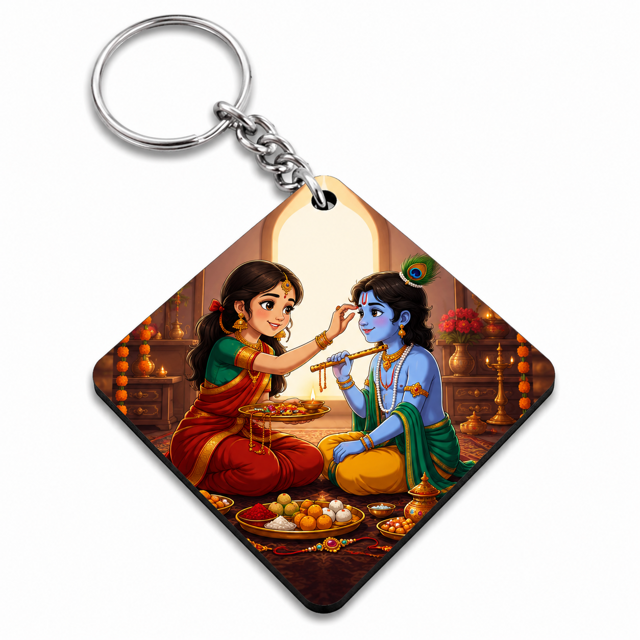 Happy Raksha Bandhan Krishna & Sister Printed MDF Keychain