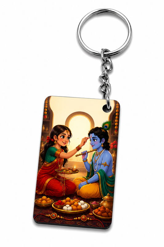 Happy Raksha Bandhan Krishna & Sister Printed MDF Keychain